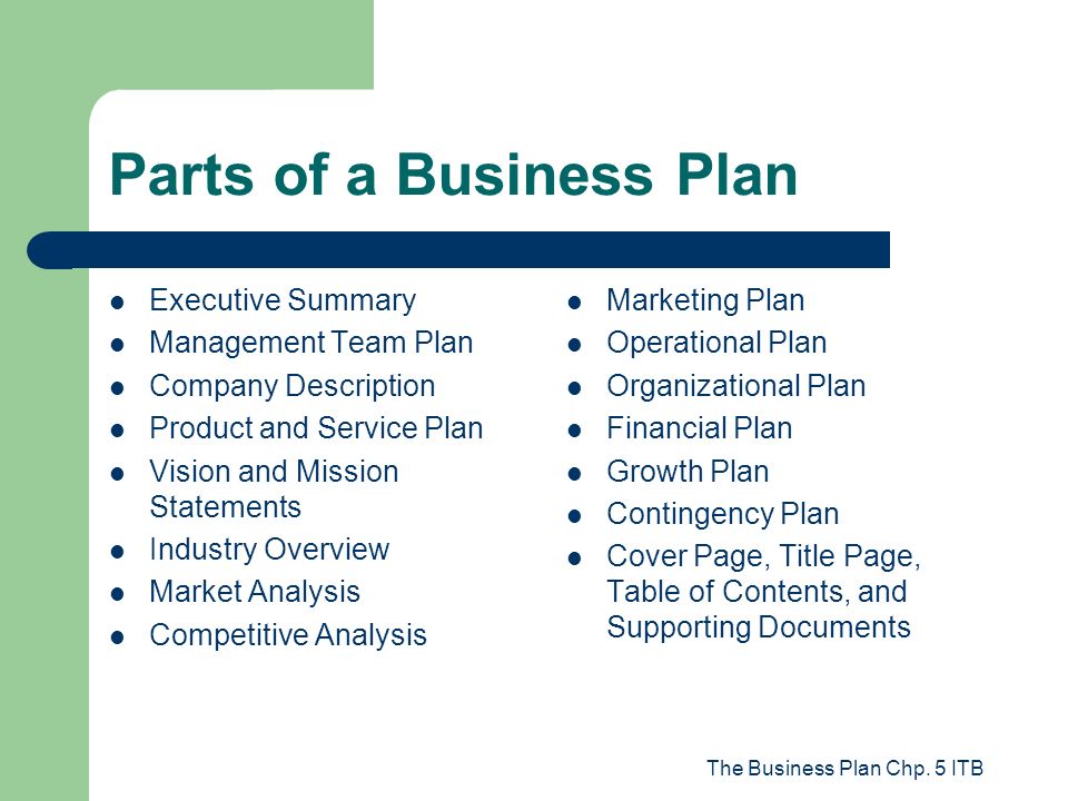 business plan parts described